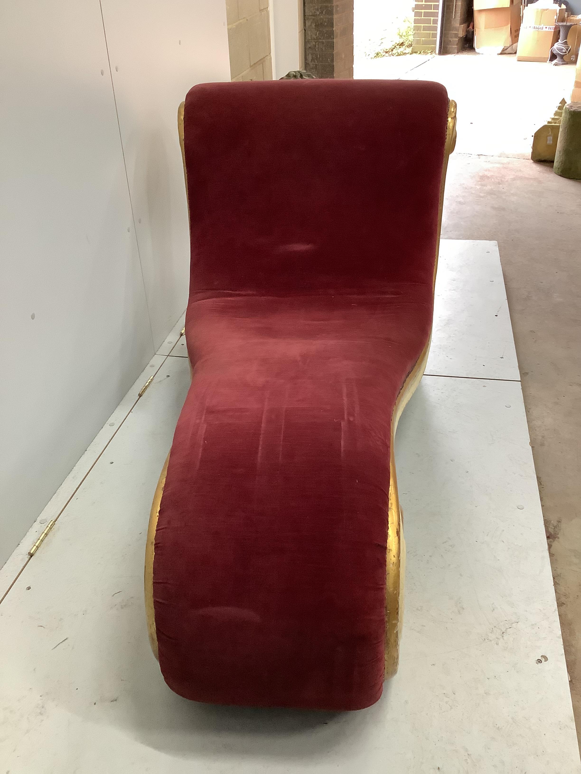 A mid century giltwood upholstered scroll frame chaise longue, length 164cm, width 84cm, height 80cm